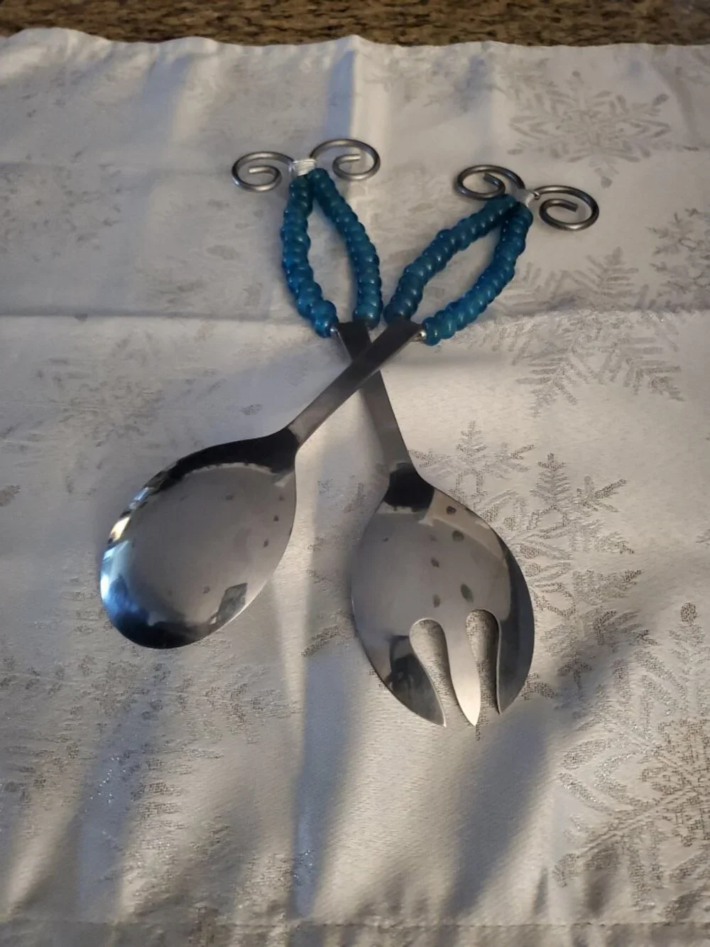 Salad Servers Silver Tone Blue Glass Beaded Handles Contemporary Coastal Dining